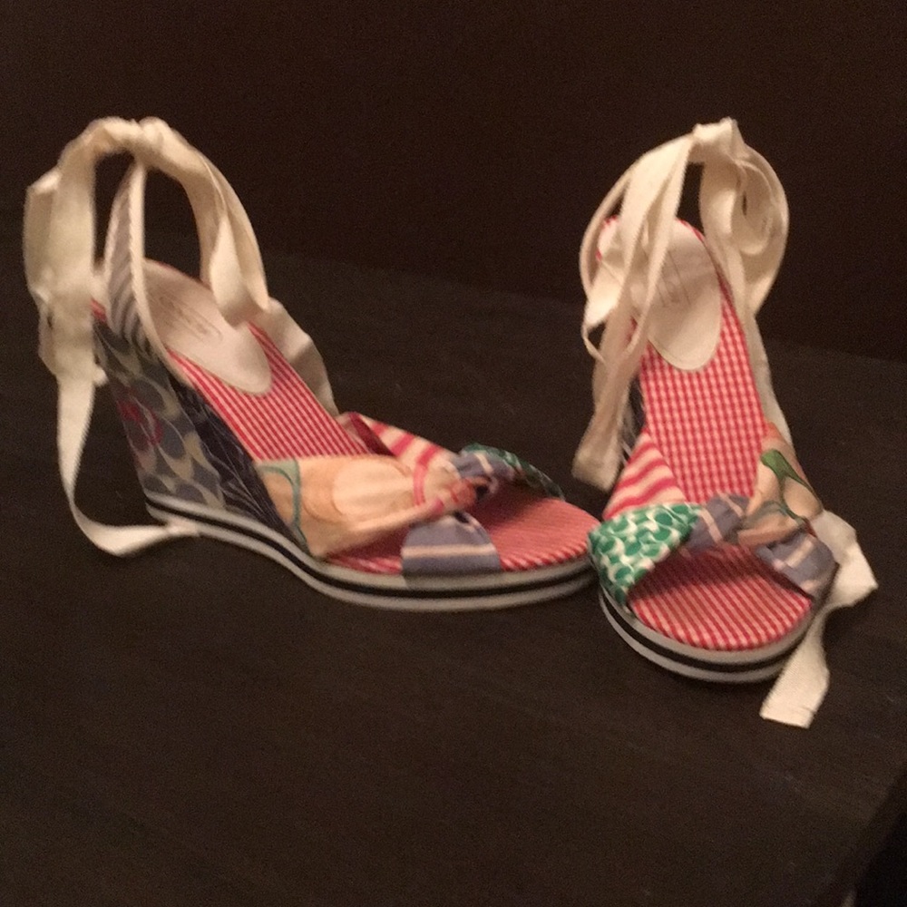 Coach open toed with ribbon wrapped ankle